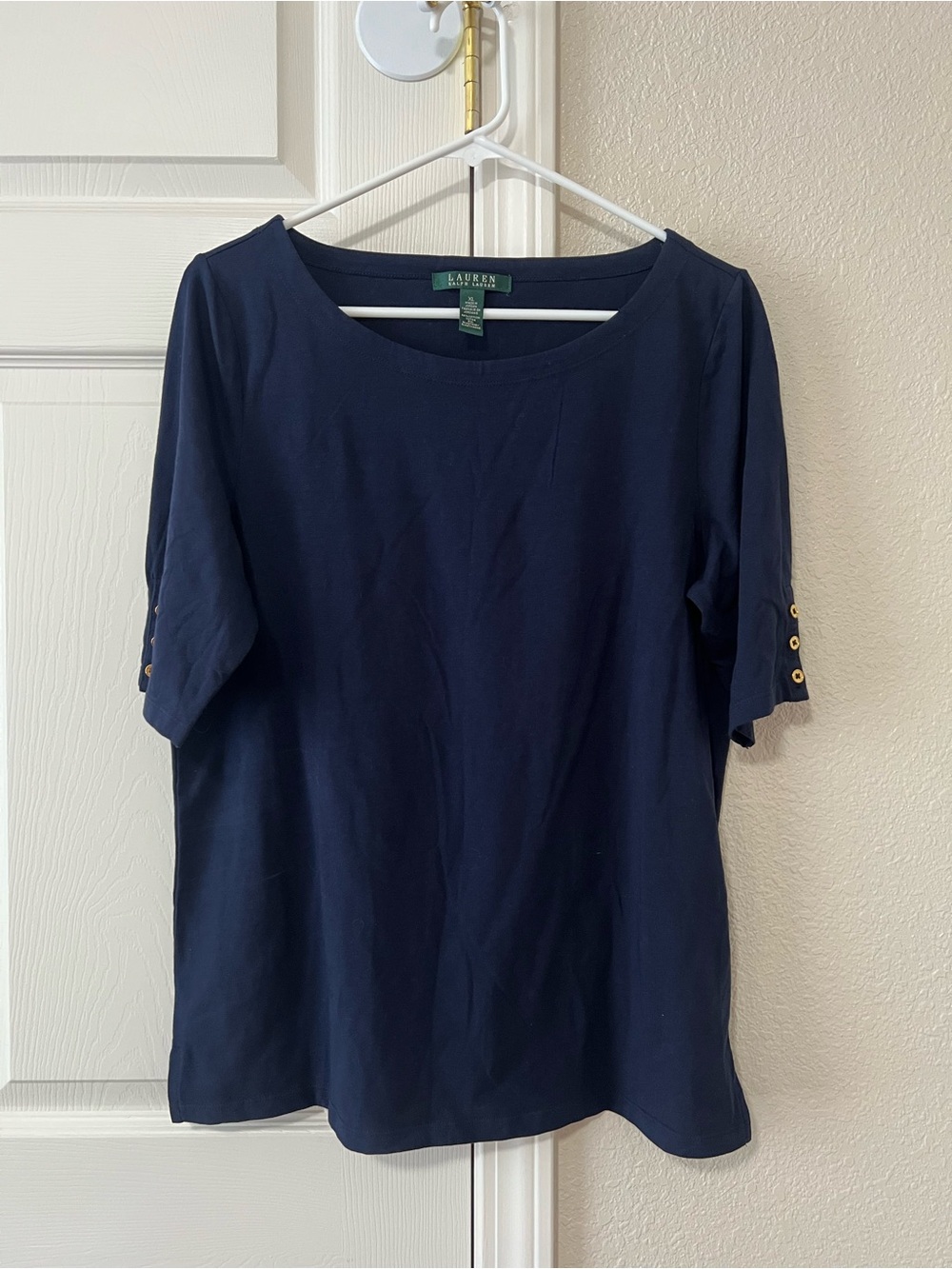 Lauren Ralph Lauren Navy Blue Cotton Stretch Button Sleeve Top XL